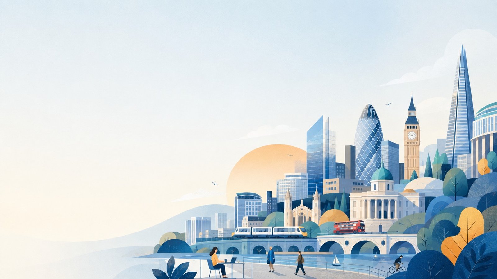 Illustrated UK flexible-workspace cityscape